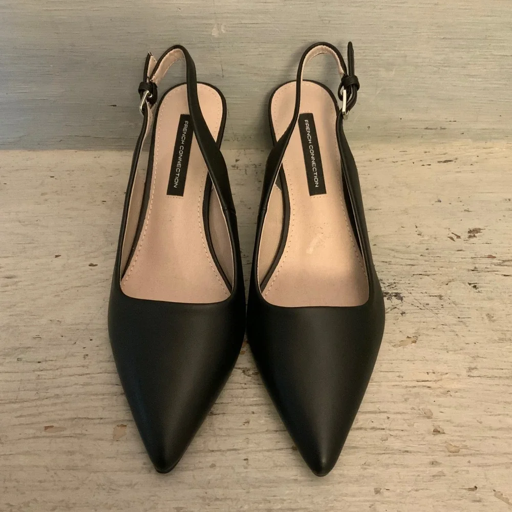 French Connection Faux Leather Matte Black Pointed Toe Slingback Heels Size 8 GC